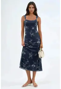 Rochie Midi - Florala - cu Guler Inima - Albastru - poliester/elastan
