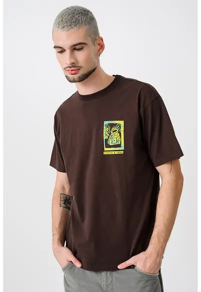 Tricou de bumbac cu design grafic - Maro inchis/Turcoaz