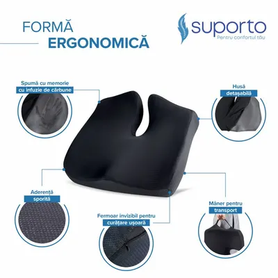 Set perna sezut confort si perna lombara compact Suporto Negru