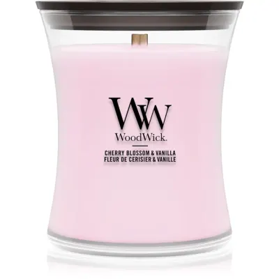 Woodwick Cherry Blossom & Vanilla lumânare parfumată cu fitil din lemn 275 g
