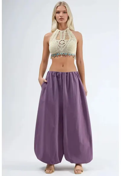 Pantaloni dama elastic - mov - bumbac-poliester