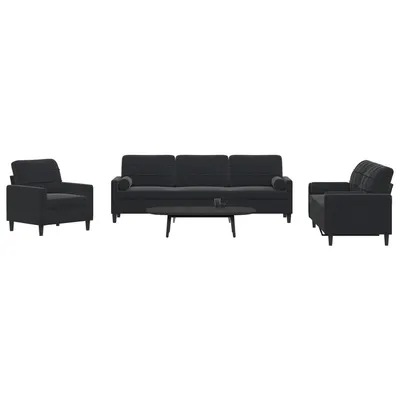 Gossi set de canapele cu perne/rulouri, 3 piese, negru, catifea