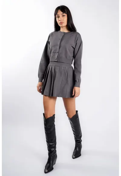 Compleu Dark Grey cu fusta plisata