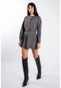 Compleu Dark Grey cu fusta plisata -