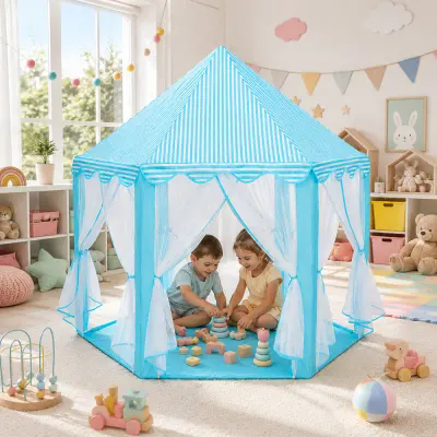Cort copii, forma hexagonala, 6 intrari, pliabil, 135x140 cm, husa depozitare, alb albastru