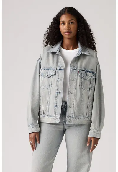 Jacheta relaxed fit din denim 90's Trucker - Rosu/Gri deschis/Albastru inchis