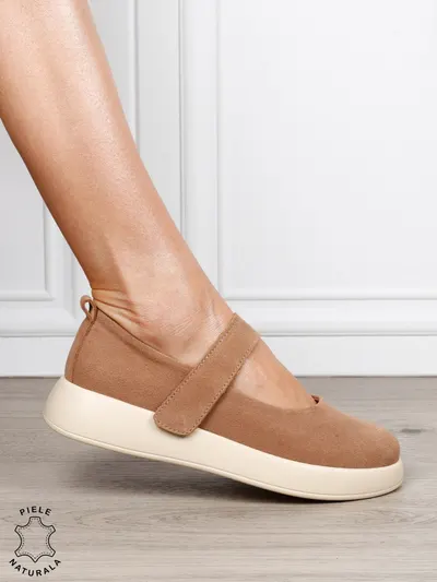 Balerini damă din piele naturală Intoarsa cu baretă reglabilă CRL1806 KHAKI