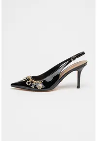 Pantofi slingback de piele ecologica cu aplicatii decorative - Negru