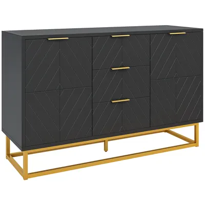 HOMCOM Bufet design contemporan grafic 2 dulapuri usa rafturi reglabile 3 sertare glisante din lemn negru metal aur | Aosom Romania