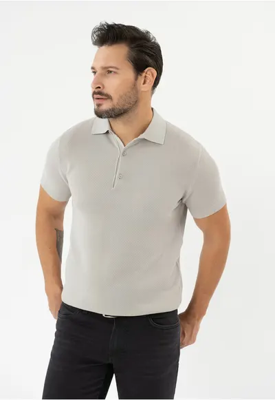 Tricou polo barbati din bumbac - tricotat - O-Lizar - gri melange - Gri melange