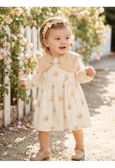 Rochie bebe fetita din muselina crem cu flori si bentita eleganta