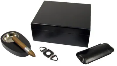 Cutie pentru trabucuri (humidor) Angelo - cu scrumiera, cutit si husa, neagra