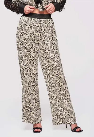Pantaloni Lungime Completa cu Imprimeu Floral si Talie Elastica - Croiala Larga - Bej