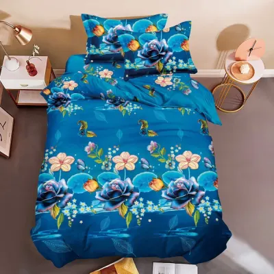 Lenjerie pat 1 Persoana imprimeu 3D - 3 Bucati 219 Lei - Albastru flori