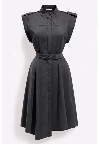 Rochie camasa midi - A-line - cu curea - negru - modal-poliester