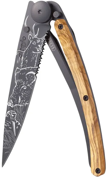 Cuțit de buzunar Deejo Olive Wood - Hunting Scene, 37 g