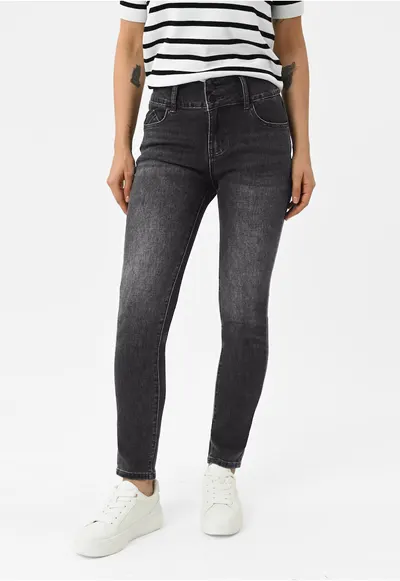 Blugi elastici cu talie inalta - Slim Fit - dama - D-Montana 15 - grafit - Gri grafit