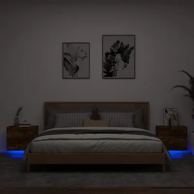 vidaXL Noptiere montate pe perete cu lumini LED, 2 buc.,stejar fumuriu