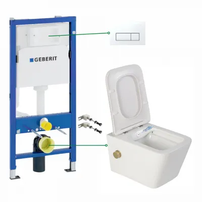 Set vas wc suspendat cu functie bideu si baterie auriu mat Foglia Safari, rezervor wc incastrat si clapeta alb alpin, Geberit Delta 51