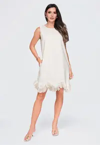 Rochie mini dama cu decolteu rotund - fason trapez - aplicatii florale LA-OM-DLR433 - Bej -