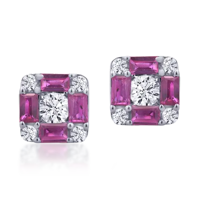 Cercei din aur alb cu rubine baguette de 0.94ct si diamante rotunde de 0.38ct