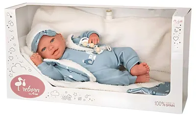 Păpuşă bebeluş Arias - Bruno într-un costum albastru și accesorii, 45 cm