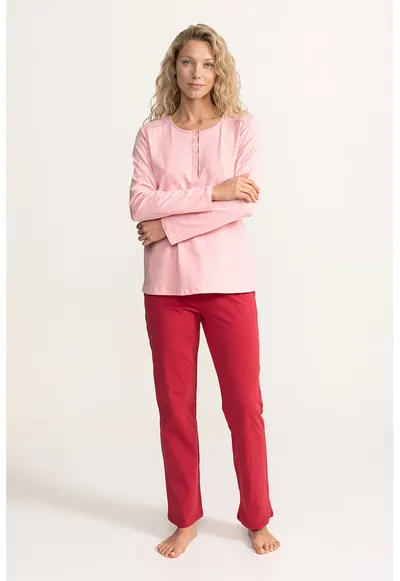 Pijama din bumbac cu talie elastica Basic - Fucsia/Roz deschis