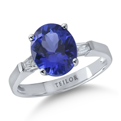 Inel din aur alb cu tanzanit oval de 2.6ct si diamante baguette de 0.1ct