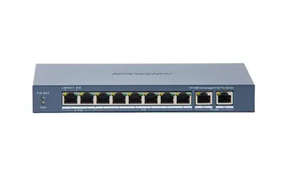 Switch PoE Hikvision DS-3E0310HP-E(C): 8 × 10/100 Mbps PoE port,2 × Gigabit RJ45 port, 16 porturi PoE maxim 30W, buget PoE 130W