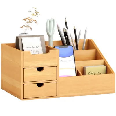 HOMCOM Organizator Birou cu 2 Sertare și 7 Compartimente din Bambus 33x20.5x15.5 cm | Aosom Romania
