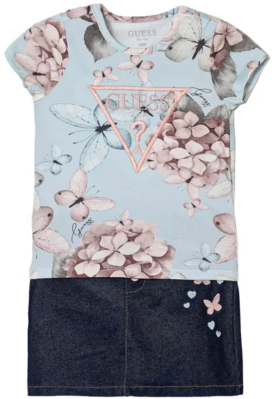 Set de 2 piese Guess - Tricou și fustă cu flori, albastru, 12 luni