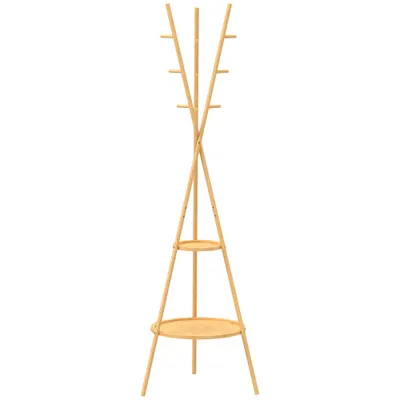 HOMCOM Cuier freestanding cu 9 cârlige și 2 polițe pentru intrare, lemn natural | Aosom Romania