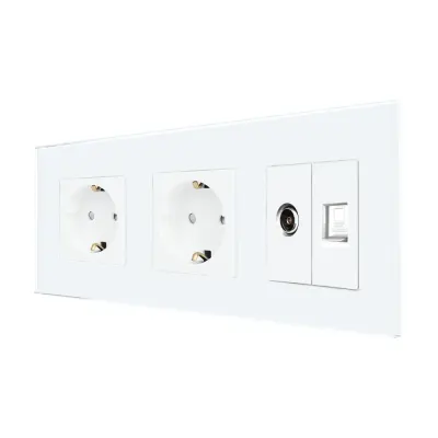 Priza Dubla Schuko + TV + Internet cu Rama Din Sticla LUXION