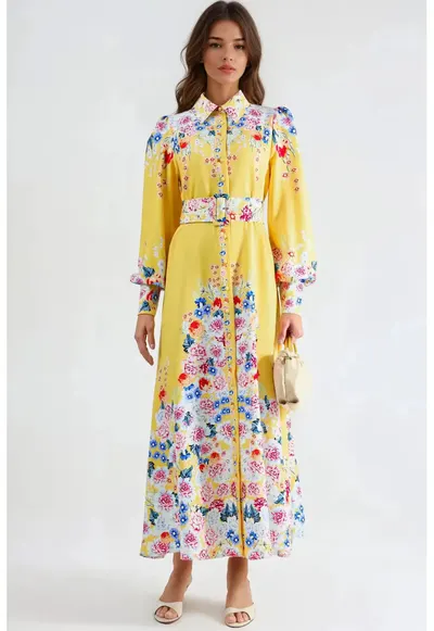 Rochie Maxi - Floral - Galben Lamaie - Poliester - Maneci Lungi