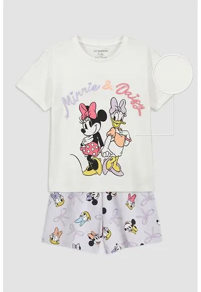 Pijama din bumbac cu imprimeu Minnie Mouse si Daisy Duck - Alb murdar/Mov pal