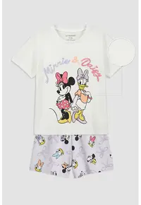 Pijama din bumbac cu imprimeu Minnie Mouse si Daisy Duck - Alb murdar/Mov pal