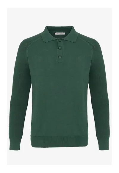 Pulover striat cu fenta cu nasturi - Verde inchis