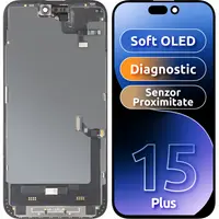 Display cu Touchscreen si Senzor Proximitate MP compatibil cu Apple iPhone 15 Plus, cu Rama, Versiune Soft OLED FHD Diagnostic, Negru