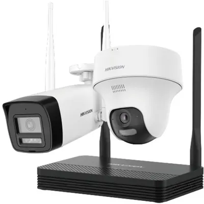 Kit 2 camere Wifi bullet si PTZ cu NVS HiLook IKS-2044BTH-PH/W, 4MP, lentila 2.8mm, IR 30m, lumina alba, microfon si difuzor, detectie miscare