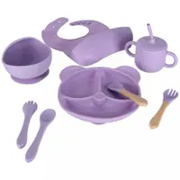 Set complet de hranire copii pentru diversificare hrana, 8 piese din silicon cu fixare in ventuze, purple Teddy