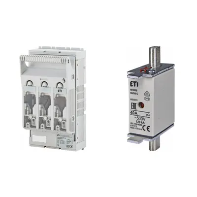 Pachet Protectie Circuit Trifazat: Soclu Siguranta Fuzibila NH00 3P (M8/M8), Siguranta Fuzibila NH000 gG 40A 500V