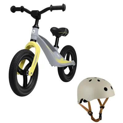 Bicicleta fara pedale, Lionelo, Bart Tour, Usoara, Cu cadru din magneziu, 3.3 Kg, 12 inch, Gri + Casca pentru copii, Reglabila 50-56 cm, Bej