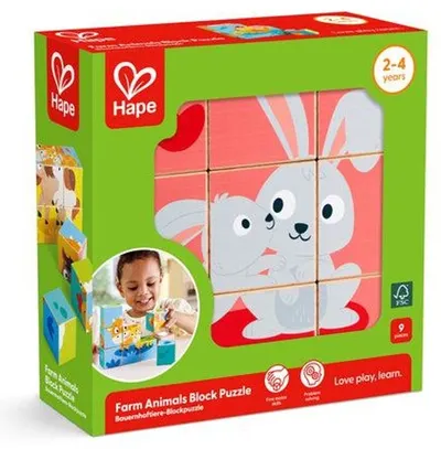 Puzzle educațional din lemn cu cuburi Hape - Fermă, 9 piese