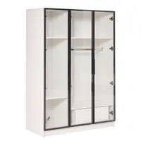 Dulap Spațios cu 3 Uși din Sticlă, 1 Sertar și 1 Bară pentru Umerașe, Iluminare LED Integrată, 110x50x160 cm, Alb