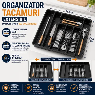 Organizator pentru tacamuri si ustensile de bucatarie, sertar extensibil, suport ajustabil pentru cutite, negru