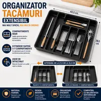 Organizator pentru tacamuri si ustensile de bucatarie, sertar extensibil, suport ajustabil pentru cutite, negru