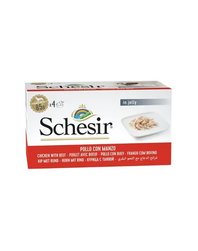 Hrană umedă câini mici Schesir pui cu vită în jeleu 4x85 g