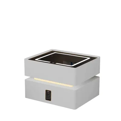 Noptiera inteligenta cu incarcare wireless, iluminare LED, 2 sertare de depozitare, senzor de lumina nocturna si incuietoare codificata – alba, design modern din sticla si lemn