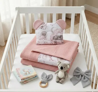 Set paturica si pernuta Bocioland Waffle Dream Pink 75x100 cm,realizat din bumbac 100,recomandat de la nastere