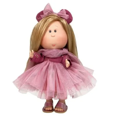 Papusa Nines D Onil, Mia, cu parul blond si funda roz, cu articulatii, cu miros de vanilie, 30 cm